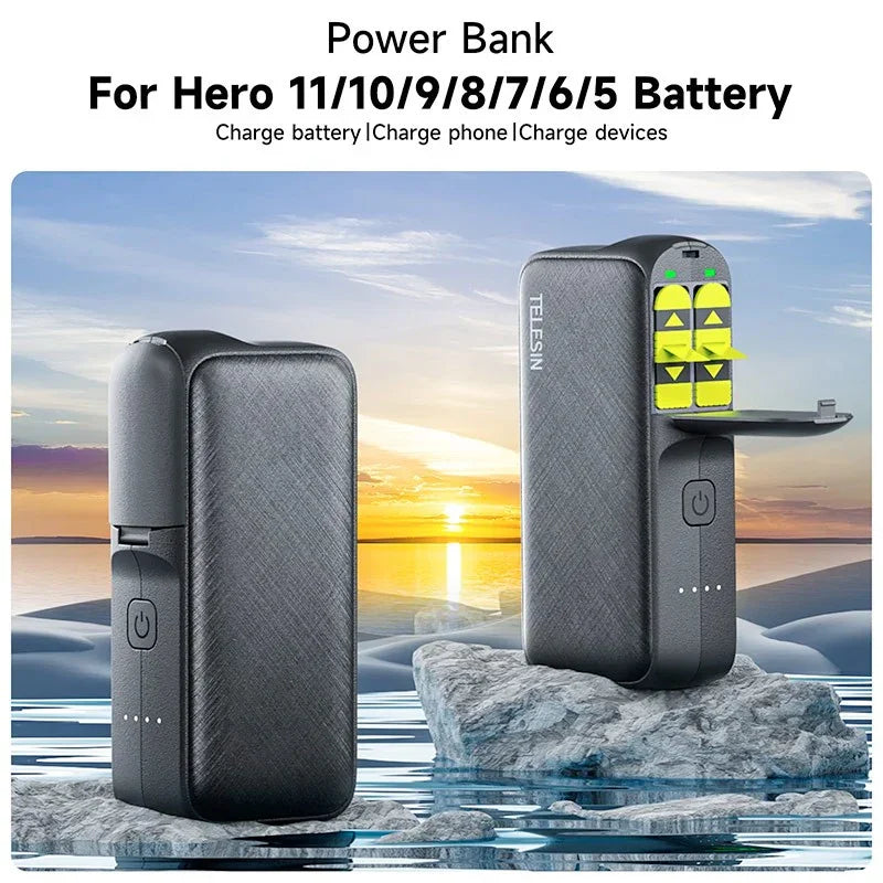 Telesin GoPro Multi-Batteriladdare och Powerbank 10000mAh med förvaring batterier - Dubbel - för GoPro Hero12/11/10/9/8/7/6/5 - Action King