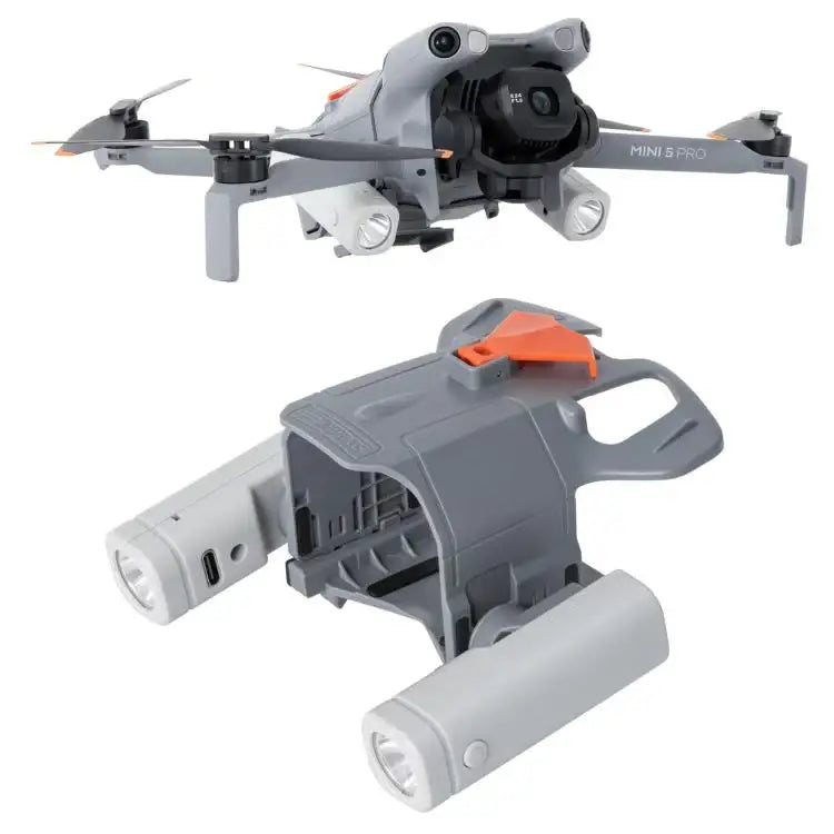 STARTRC Nattlampa för DJI Mini 5 Pro, ger ljus vid nattflygning. Monterad på drönare i mörker.