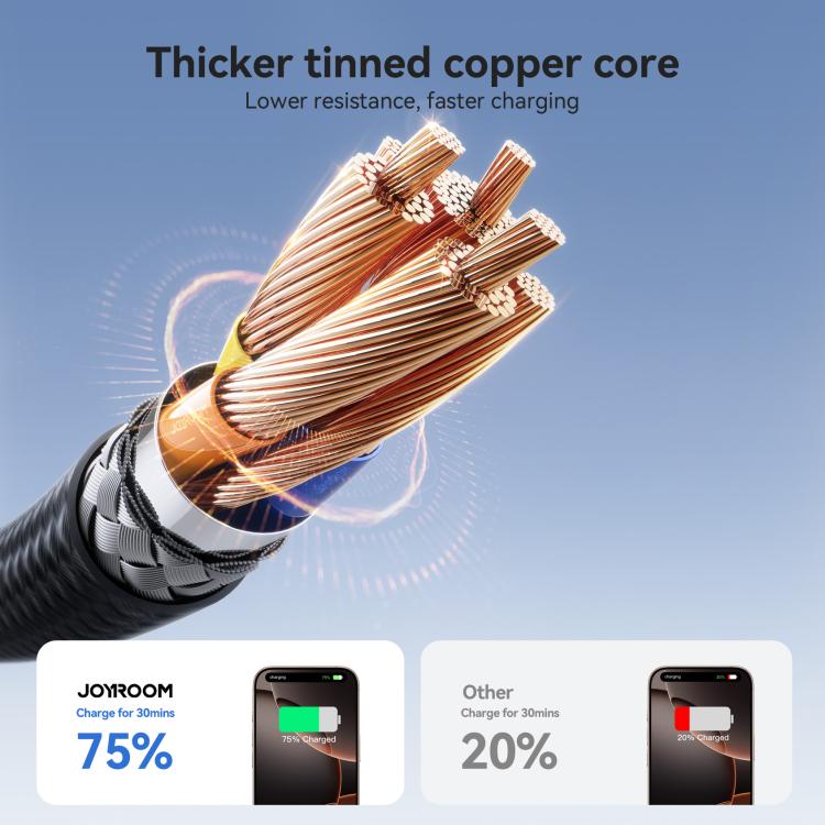 Joyroom USB-C laddkabel 60W för snabbladdning. Svart, flätad, vinklad kontakt.