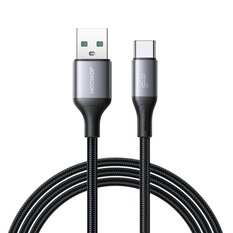 JOYROOM USB-C kabel för snabbladdning 60W i svart färg, uppkopplad mot en smartphone.