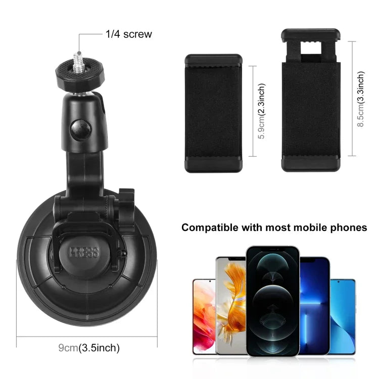 PULUZ Car Suction Cup Mount with Phone Clamp / Screw / Tripod Adapter - Action King