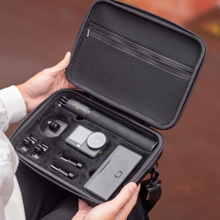 Mångsidig Förvaringsväska för Actionkamera – skyddar mot stötar och vatten, svart med avdelare.