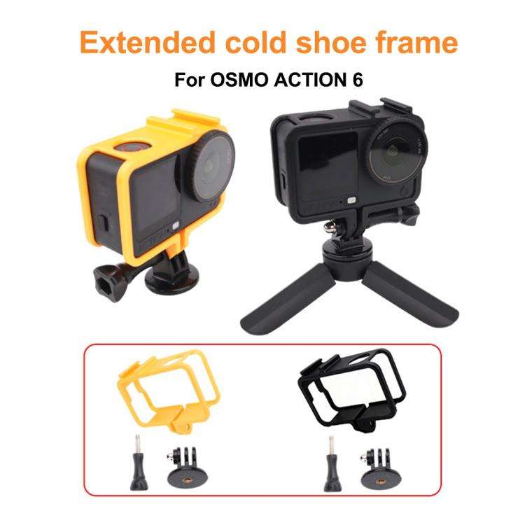 Produktöversikt av Cold Shoe Cage Expansion Adapter Frame för OSMO Action 6, tillgänglig i svart och orange med tillbehör.
