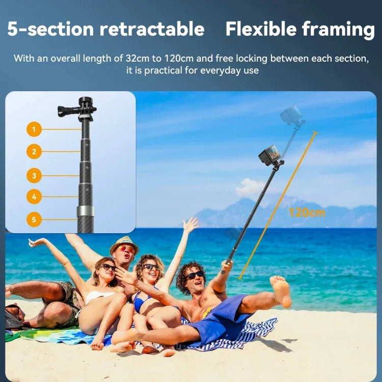 TELESIN 1.2m Carbon Fiber Monopod Selfie Stick With 1/4 Screw For Action Cameras - Action King