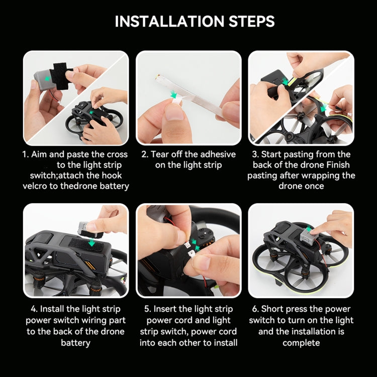 DJI Avata LED-list för förbättrad nattflygning, lyser upp drönarens armar och ger ökad synlighet.