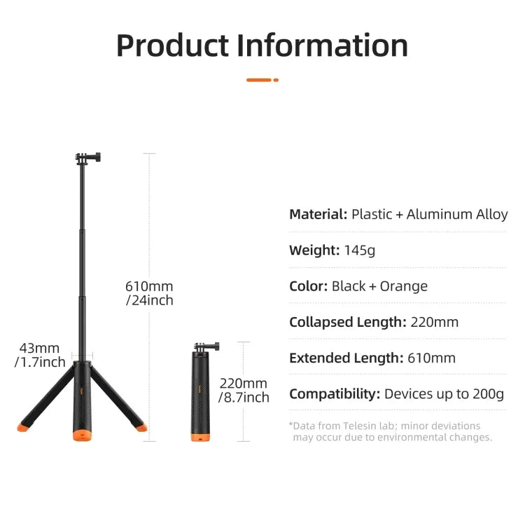 Telesin Flytande Selfiepinne Tripod 220 - 610mm med fäste för GoPro - Action King