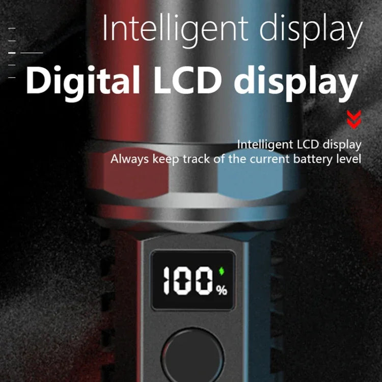 Uppladdningsbar LED ficklampa med zoom och LCD-display – 3000 mAh