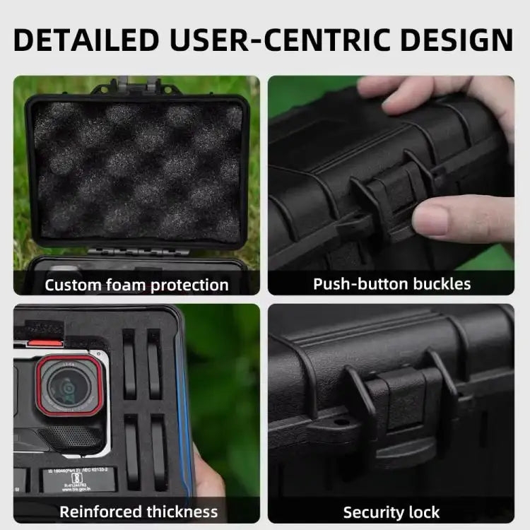 Svart Flymile skyddande väska för Insta360 Ace filmkamera, stängd, med logotyp.