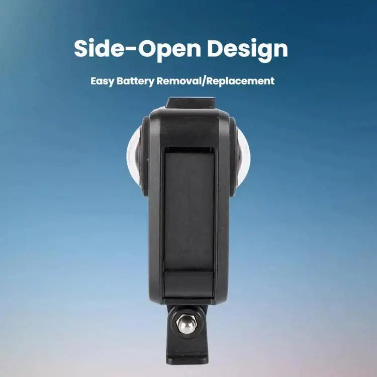 Skyddande GoPro MAX2-ram i plast med dubbel kallsko, öppen sida.