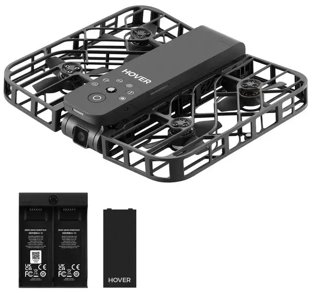 Svart Hoverair X1 Combo drönare med skyddande ram och två extra batterier