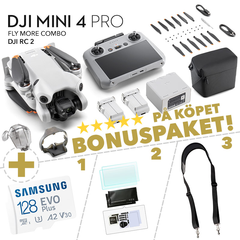Bonuspaket med din DJI Mini 4 (+ Fly More Combo) + DJI RC 2 värde över 900kr